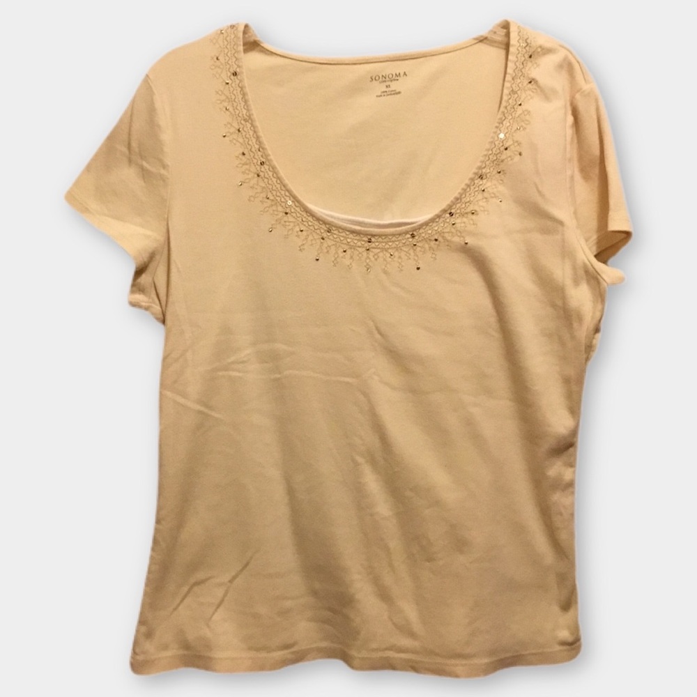 Sonoma Sequin Stud Embroidery Layered Front Butter Yellow Short Sleeve Tee VGUC